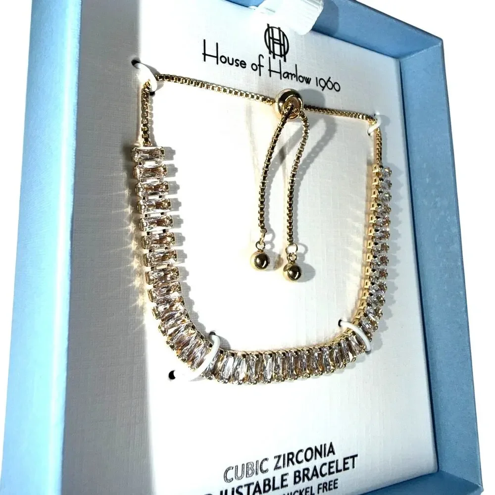 House of Harlow 1960 Gold Baguette cubic zirconia Adjustable Bolo Bracelet (NIB)